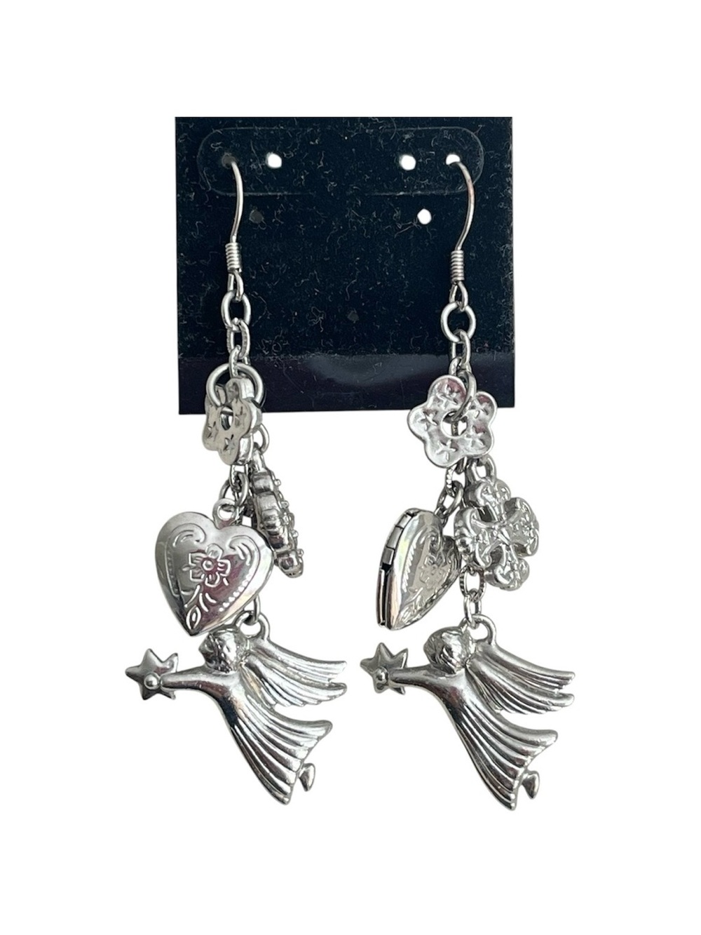 Angel Dangle Earrings Silver Tone Heart Locket Flowers Fashion Jewelry 3in